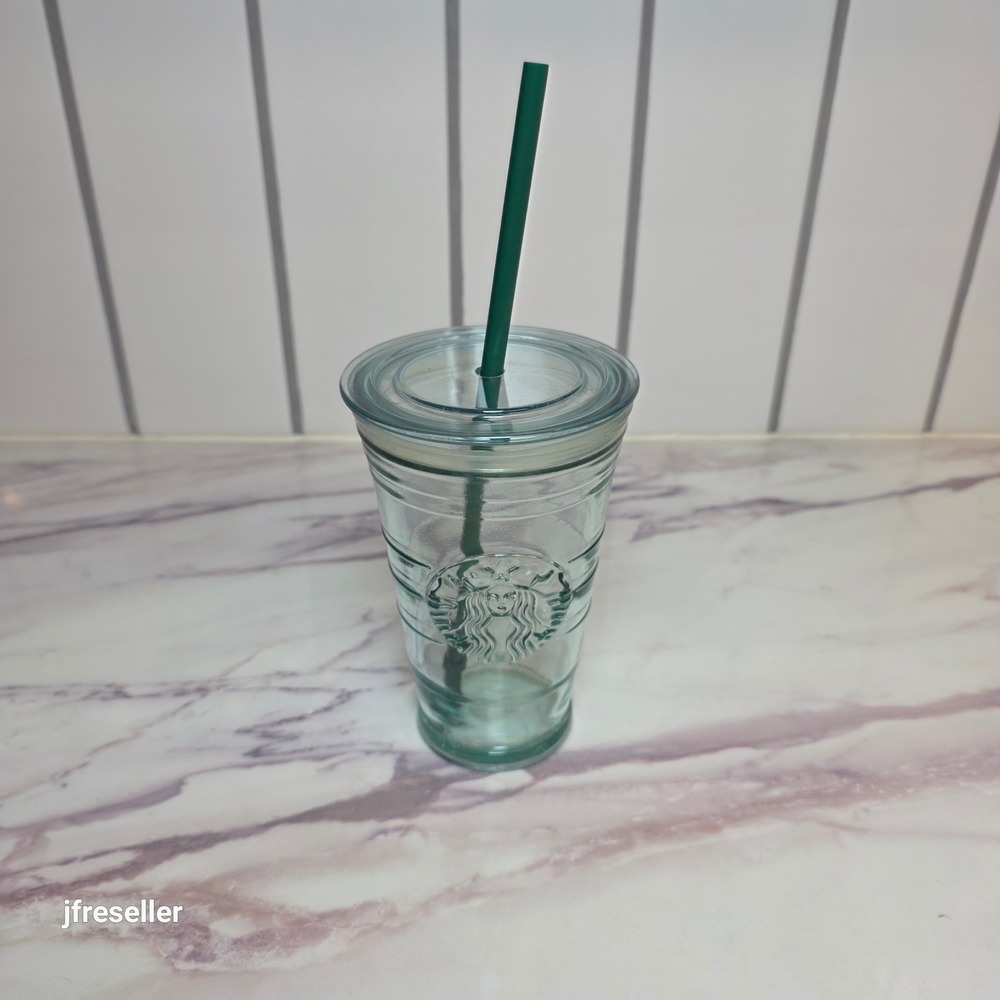Starbucks Recycled Glass Tumbler 16oz Made in Spain Cold Cup W/Lid Straw Ribbed